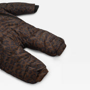 A close-up of a Finnson brown leopard-print puffer jacket laid flat on a white background.