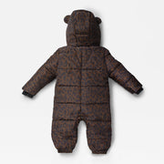 A Finnson baby puffer snowsuit in a dark brown and black leopard print, featuring a hood with bear ears, shown from the back against a light gray background.