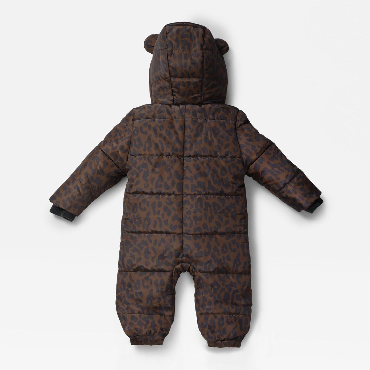 A Finnson baby puffer snowsuit in a dark brown and black leopard print, featuring a hood with bear ears, shown from the back against a light gray background.