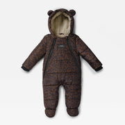 Finnson baby snowsuit in a brown and black leopard print pattern, featuring a plush beige fleece lining, a bear-ear hood, and a front zipper closure, shown against a light gray background.