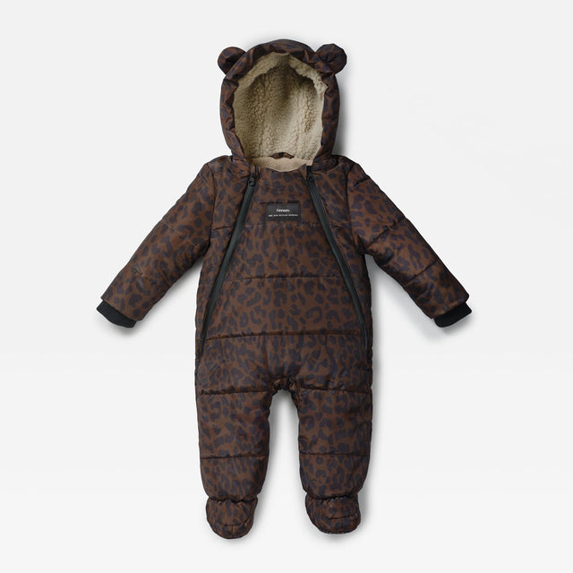 Finnson baby snowsuit in a brown and black leopard print pattern, featuring a plush beige fleece lining, a bear-ear hood, and a front zipper closure, shown against a light gray background.