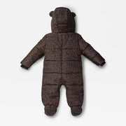 Finnson brown and black leopard-print snowsuit with a hood featuring bear ears, shown from the back on a light gray background.