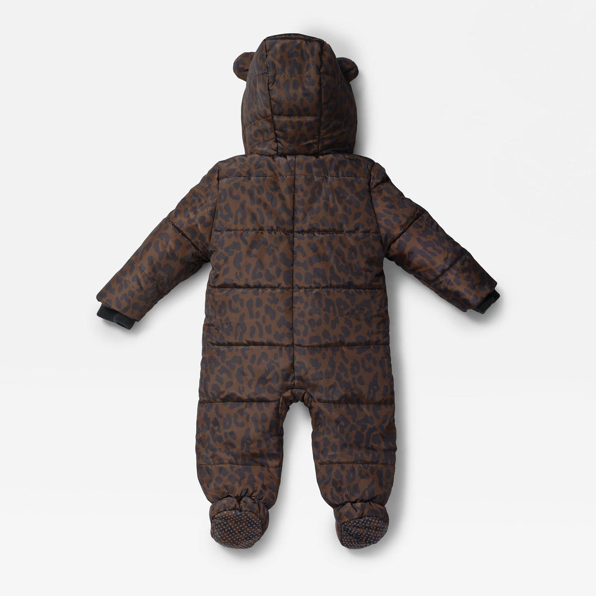 Finnson brown and black leopard-print snowsuit with a hood featuring bear ears, shown from the back on a light gray background.