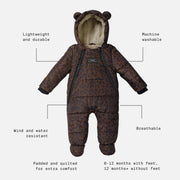 Finnson baby snowsuit with a brown and black leopard print pattern, featuring a plush beige fleece lining, a hood with bear ears, and integrated foot warmers. The image includes text callouts highlighting key features like 'Lightweight and durable', 'Machine washable', 'Wind and water resistant', and 'Breathable' on a light gray background.