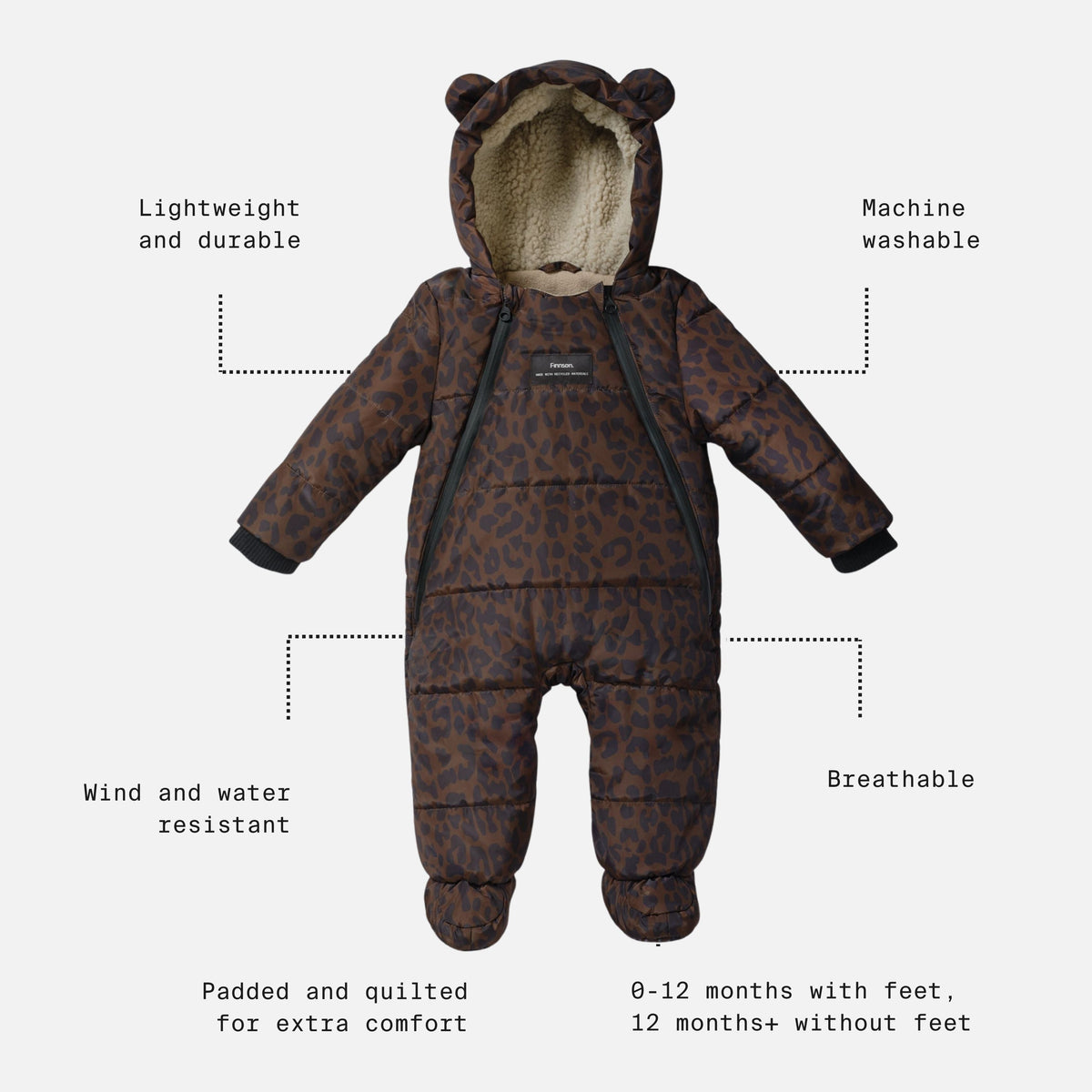 Finnson baby snowsuit with a brown and black leopard print pattern, featuring a plush beige fleece lining, a hood with bear ears, and integrated foot warmers. The image includes text callouts highlighting key features like 'Lightweight and durable', 'Machine washable', 'Wind and water resistant', and 'Breathable' on a light gray background.