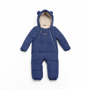 A Finnson navy blue puffer snowsuit for a baby, featuring a hood with bear ears, a beige sherpa lining, and front zipper closures, shown against a plain white background.