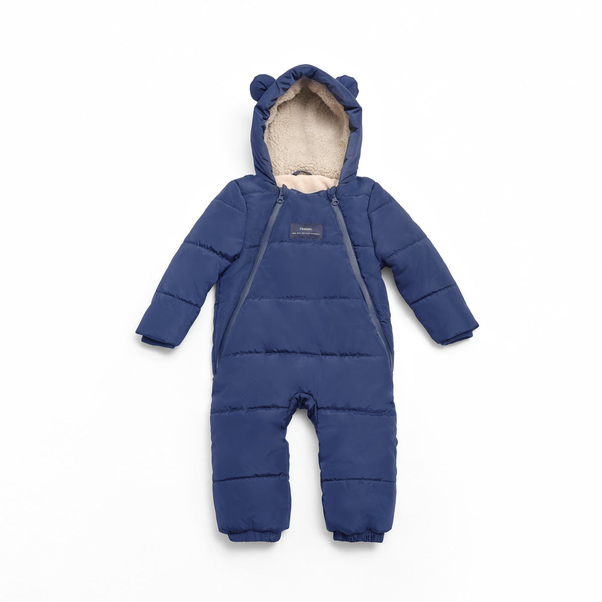 A Finnson navy blue puffer snowsuit for a baby, featuring a hood with bear ears, a beige sherpa lining, and front zipper closures, shown against a plain white background.