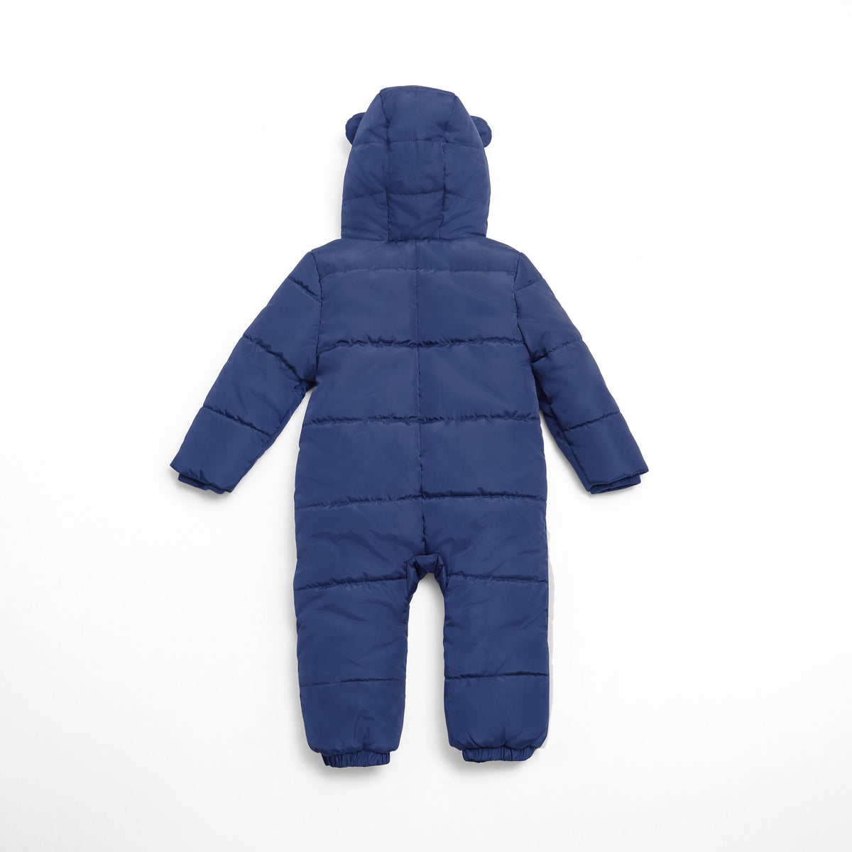 A Finnson navy blue puffer snowsuit with a hood featuring bear ears, shown from the back on a white background.