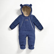 Finnson Blue baby snowsuit with bear ears on a white background