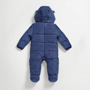 Finnson Navy Blue baby snowsuit with a hood on a white background