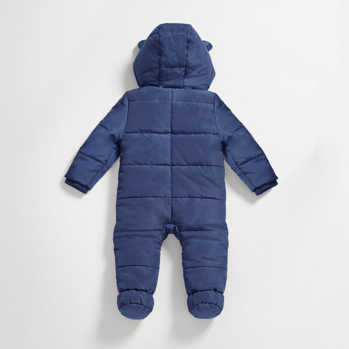 Finnson Navy Blue baby snowsuit with a hood on a white background