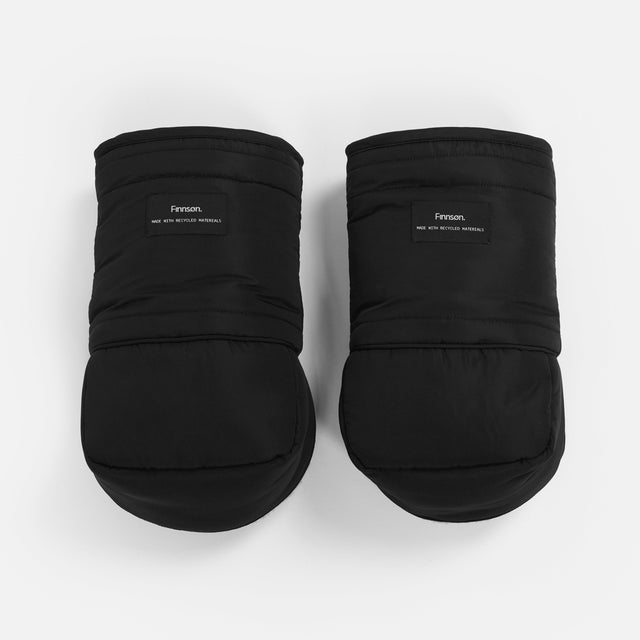 A pair of black puffer-style baby booties with a padded cuff and a small black brand label reading 'Fason' on a clean white background.