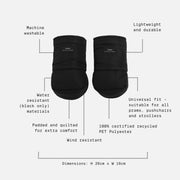 Two black insulated gloves shown on a light gray background with callout text describing features such as machine washability, water resistance, wind resistance, and dimensions.