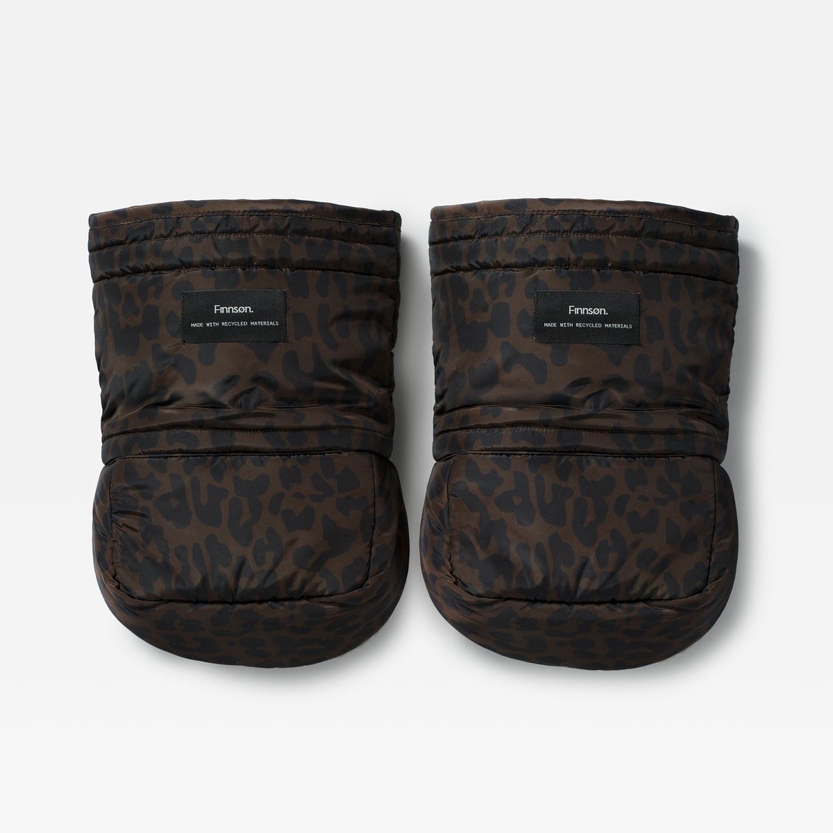 Finnson dark brown and black leopard-print quilted Mittens, shown against a white background.