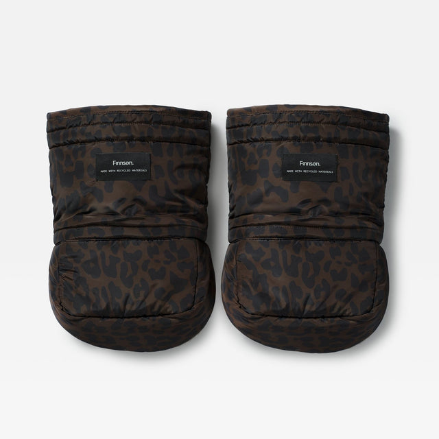 Finnson dark brown and black leopard-print quilted Mittens, shown against a white background.