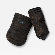 A pair of the Finnson Stroller Mittens, padded winter gloves in a dark brown and black leopard print pattern, displayed on a white background.