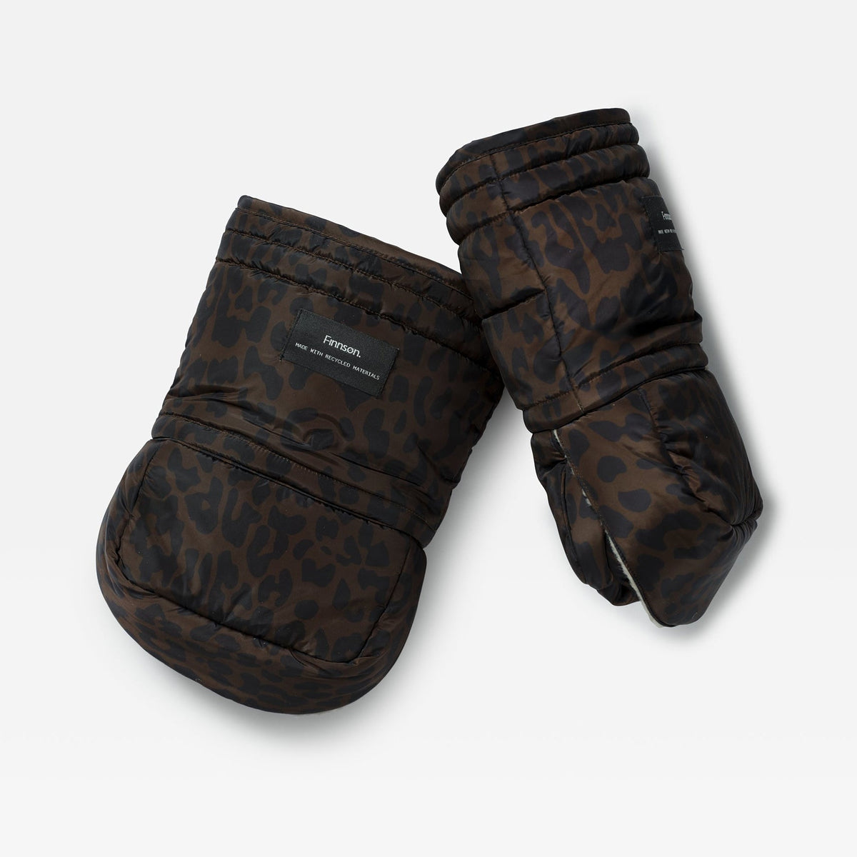 A pair of the Finnson Stroller Mittens, padded winter gloves in a dark brown and black leopard print pattern, displayed on a white background.