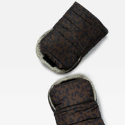 A pair of the Finnson brown leopard-print stroller mittens, shown on a clean white background.