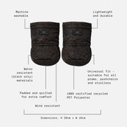 A pair of Finnson dark brown leopard patterned pram stroller mittens with text callouts and dotted lines explaining features like machine washability, water resistance, wind resistance, and dimensions on a light gray background.