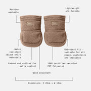 Finnson Stroller Mittens with text callouts detailing product features like machine washability, water resistance, and dimensions on a light gray background.