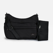 A black changing shoulder bag with an adjustable shoulder strap and a matching zippered pouch attachment, shown on a light gray background.