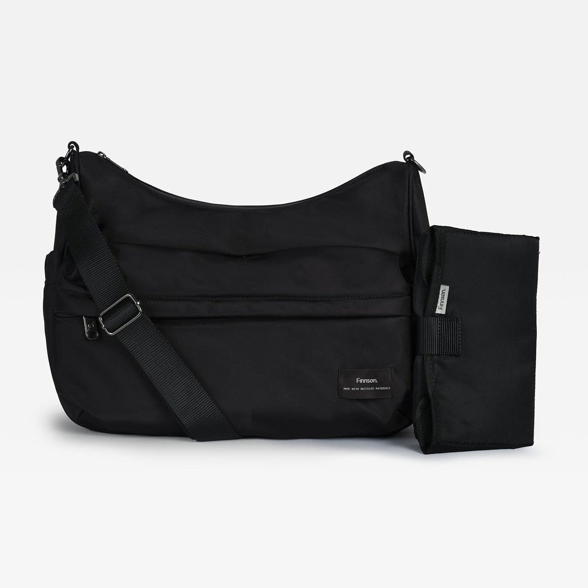 A black changing shoulder bag with an adjustable shoulder strap and a matching zippered pouch attachment, shown on a light gray background.