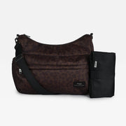 Finnson dark brown leopard-print shoulder bag with a black strap, shown next to a small black pouch on a light gray background.