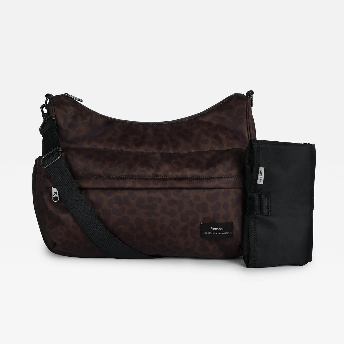 Finnson dark brown leopard-print shoulder bag with a black strap, shown next to a small black pouch on a light gray background.