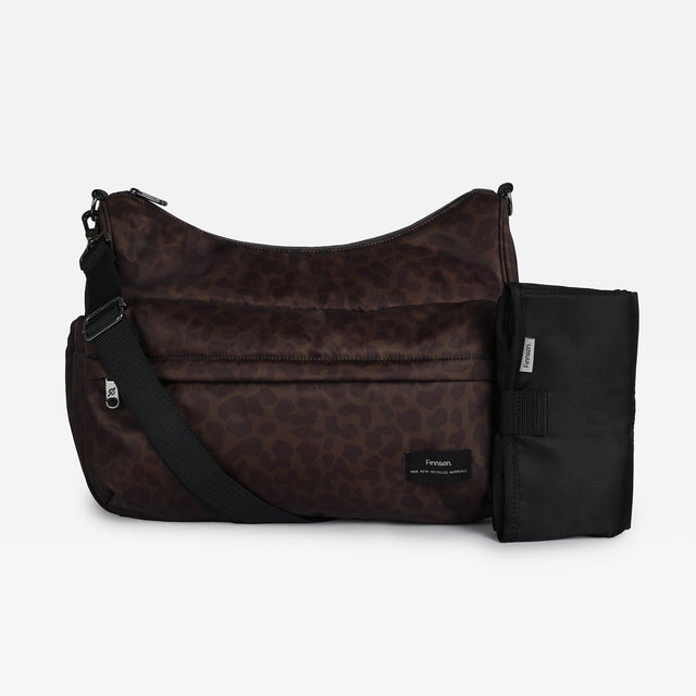 Finnson dark brown leopard-print shoulder bag with a black strap, shown next to a small black pouch on a light gray background.