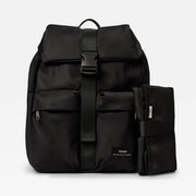 Finnson Black changing backpack with a  black travel changing mat on a white background