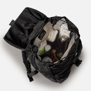 Finnson Black backpack with contents on a white background