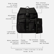 Finnson Black backpack shown on a white background with callout lines and text labeling features such as side D-rings, padded shoulder pads, water repellency, washability, thermal insulated bottle holder, zipper compartment, and changing mat exclusion.