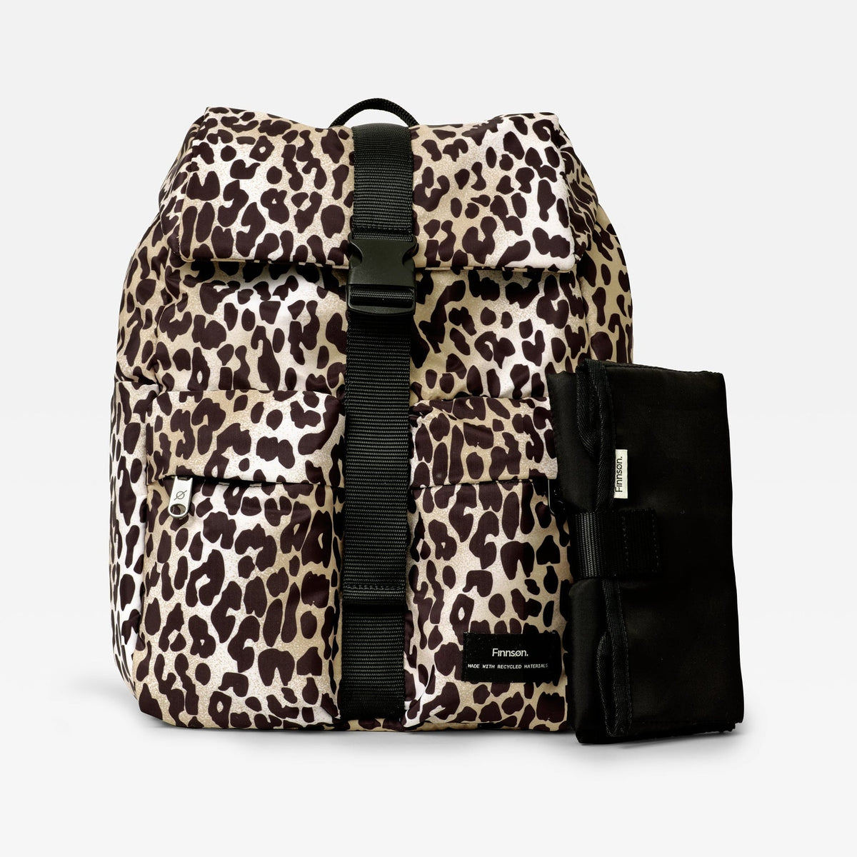 Leopard print backpack with a black strap on a light gray background