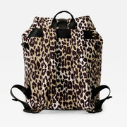 Finnson Leopard print backpack with black straps on a light gray background