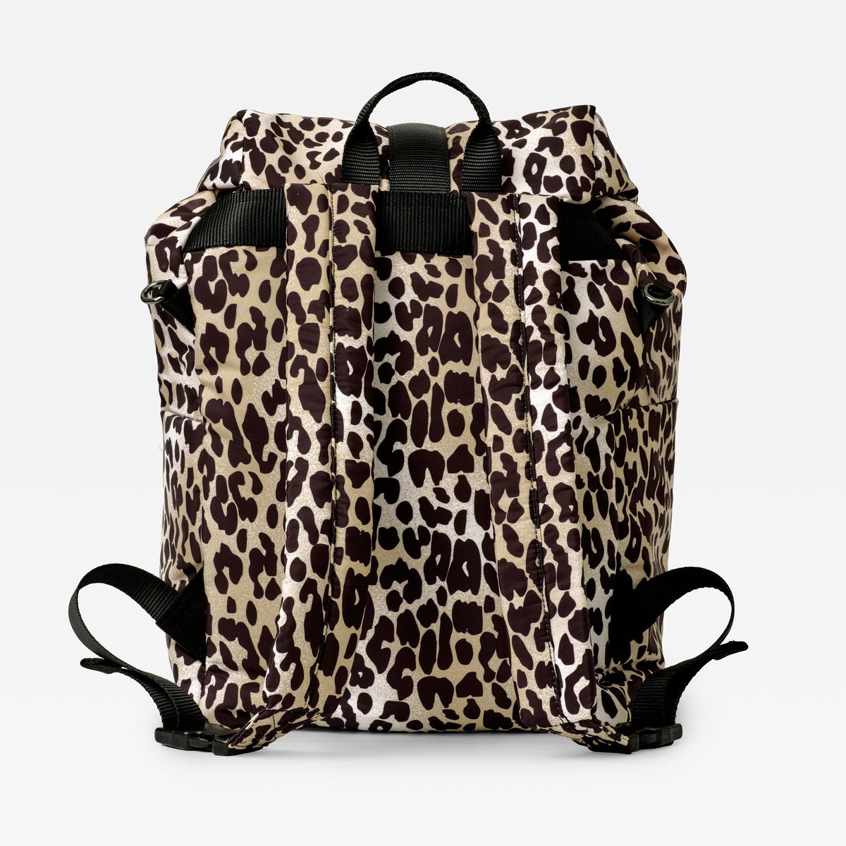 Finnson Leopard print backpack with black straps on a light gray background