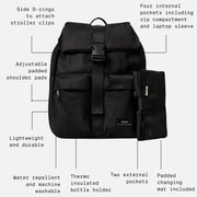 Finnson Black changing backpack with features highlighted on a white background