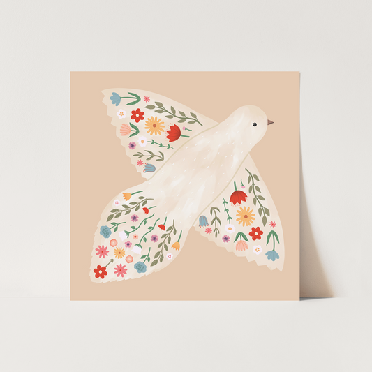Kid Of The Village Floral Dove Fine Art Print - Peach