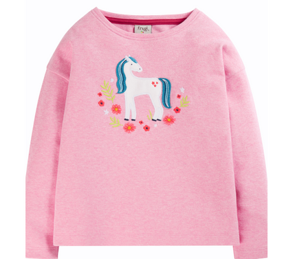 Frugi Bethany Applique Top - Pink Marl/Horse