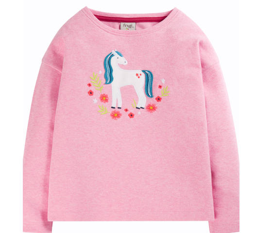 Frugi Bethany Applique Top - Pink Marl/Horse