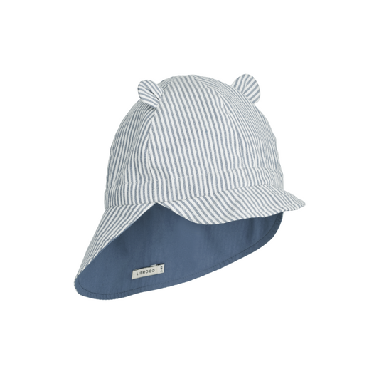 Liewood Gorm Reversible Seersucker Sun Hat With Ears - Y/D stripe: Blue wave/creme de la creme