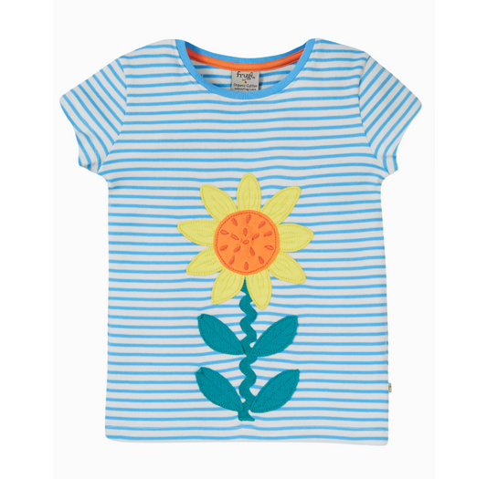 Frugi Camille Applique T-shirt - Beluga Blue Star / Echinacea