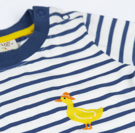 Frugi Ennis Embroidered T-shirt - Navy Blue Stripe / Ducks