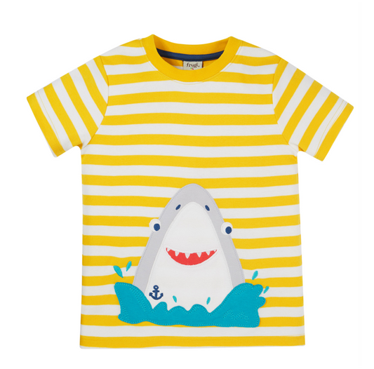 Frugi Sid Applique T-shirt - Dandelion Stripe/Shark