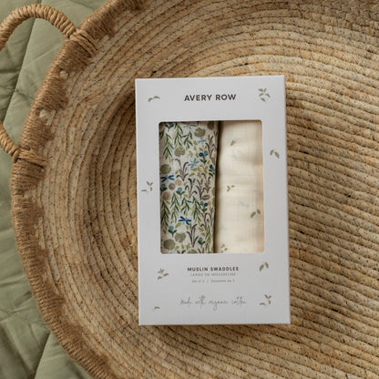 Avery Row Organic Cotton Baby Muslin Swaddles Set Of 2 - Riverbank / Nettle Scatter