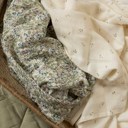 Avery Row Organic Cotton Baby Muslin Swaddles Set Of 2 - Riverbank / Nettle Scatter