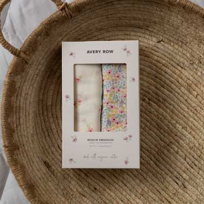 Avery Row Organic Cotton Baby Muslin Swaddles Set Of 2 - Wildflower Garden / Anemone
