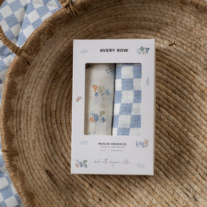 Avery Row Organic Cotton Baby Muslin Swaddles Set Of 2 - Coastline / Waves