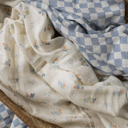Avery Row Organic Cotton Baby Muslin Swaddles Set Of 2 - Coastline / Waves