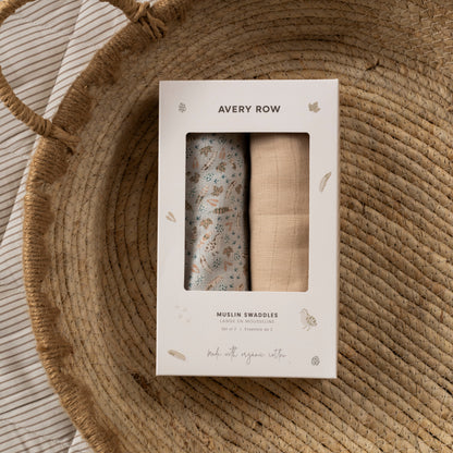 Avery Row Organic Cotton Baby Muslin Swaddles Set Of 2 - Nature Trail / Natural