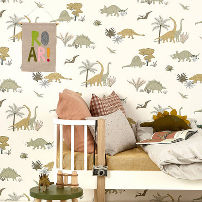Hibou Design Dinosaurs Wallpaper - Jurassic Grey/Olive